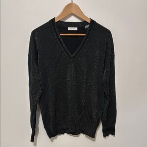 Black V-Neck Sweater with Glitter Accents